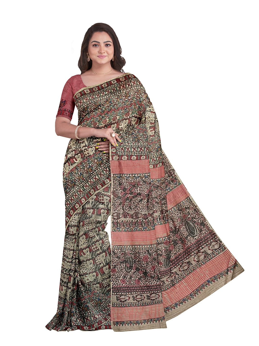 All-Over Handpainted Madhubani Saree on Desi Tussar Silk - Elephant Motifs
